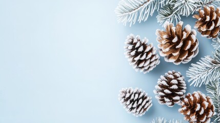 Close-up of frosted pine cones on snow-covered branches, against a pale blue background, evoking a calm winter day.
