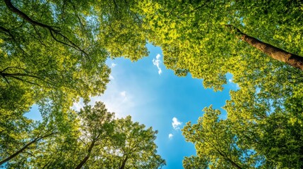 Fototapeta premium A view of the sky through a canopy of lush green trees.