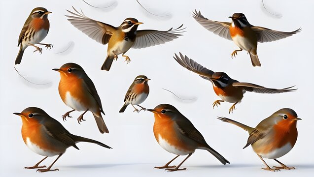 _A_collection_of_robin_birds_in_various_poses, set of birds, collection of birds, group of burds, sparrow,