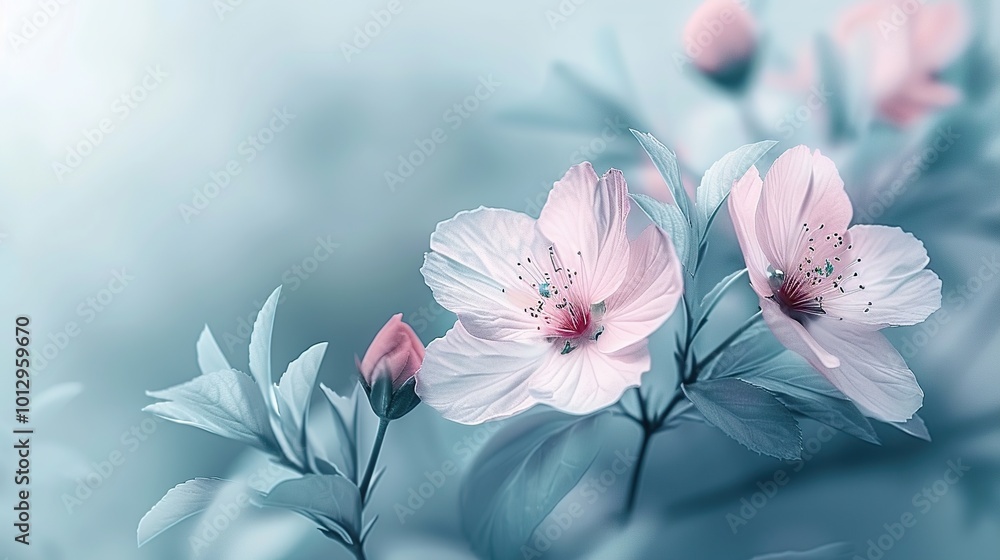 Canvas Prints Delicate Pink Flowers in a Soft Blue Setting