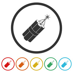 Dynamite burning stick icon. Set icons in color circle buttons