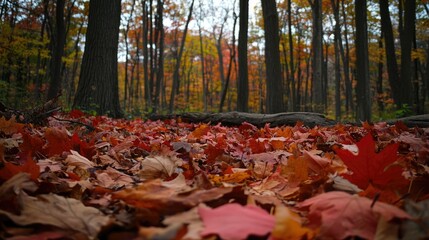 A beautiful pile of autumn leaves scattered across the forest floor, with warm red, orange, and yellow colors capturing the essence of fall