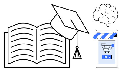 Open book, graduation cap, brain, and an online shopping cart. Ideal for education, e-learning, intellectual growth, academic achievement, and online education themes. Simple outlines and flat vector