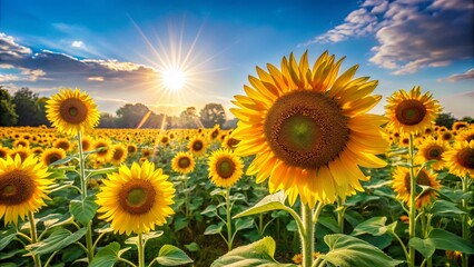 Obraz premium A field of golden sunflowers basking in the warm glow of a setting sun, creating a scene of vibrant beauty and serene tranquility.