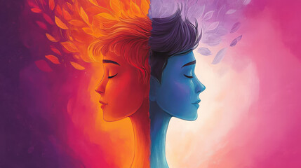 Two people's profiles, one fiery orange, the other cool blue, symbolize duality.
