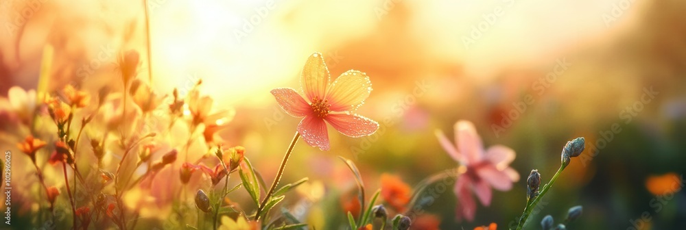 Aufkleber A breathtaking meadow filled with colorful flowers glows warmly under the golden light of the setting sun, creating a serene atmosphere. Generative AI
