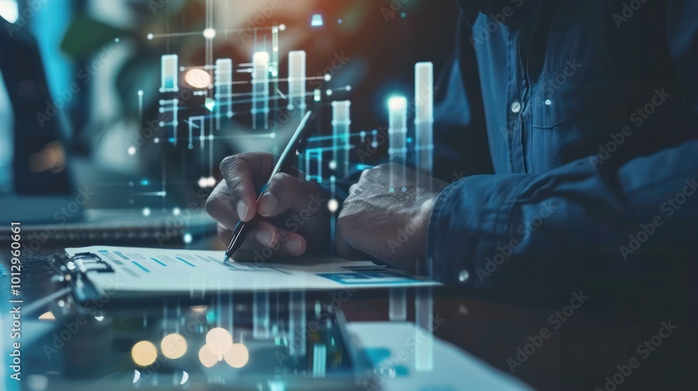 Poster businessman analyzing data with charts and graphs