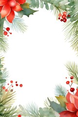 Fototapeta premium Christmas watercolor frame with winter branches, leaves and berries, illustration isolated on white background in vintage style. Festive frame for invitations or greeting cards.
