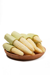 A stack of fresh yellow baby corn, half-peeled and ready to cook. Photographed on a white background. Also known as young corn, scientific name: Zea mays.
