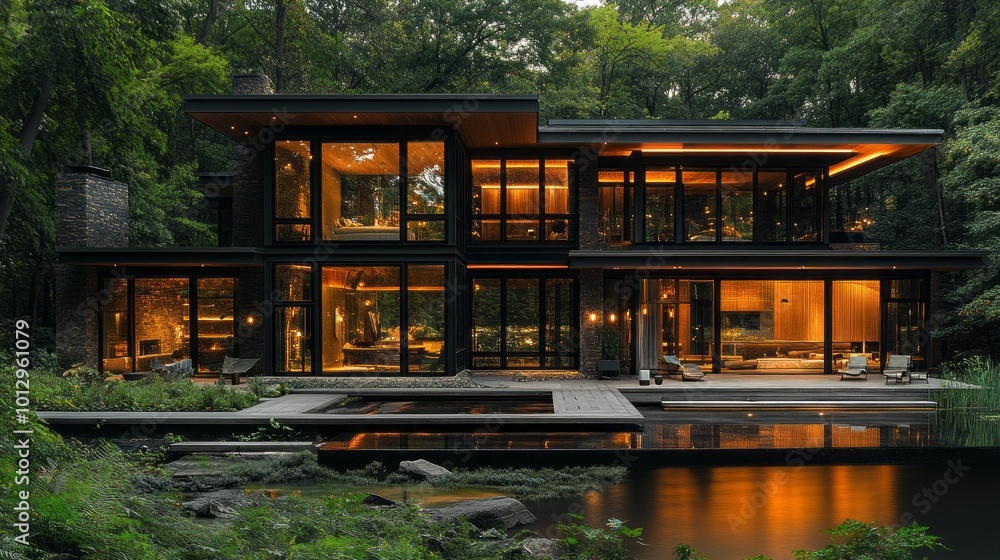 Poster a large house with a pool and a lot of windows