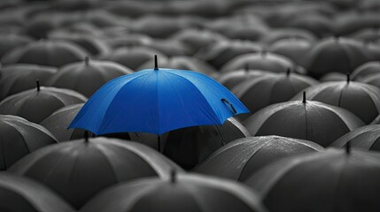 A blue umbrella standing out amidst a sea of gray umbrellas, highlighting protection and business resilience.