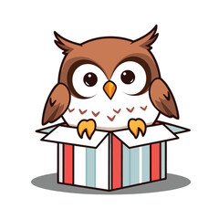 Obraz premium cute owl popping out of a wrapped present box isolated on white background