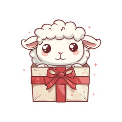 Naklejka premium cute chibi sheep popping head out of a wrapped present box isolated on white background