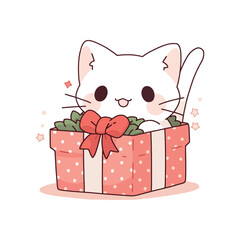 cute chibi cat popping head out of a wrapped present box isolated on white background