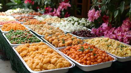 A wide shot of a family holiday meal, with trays of food being passed across a large table decorated with seasonal elements