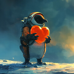 Penguin astronaut discovering heart shaped planets spreading love across the galaxy.