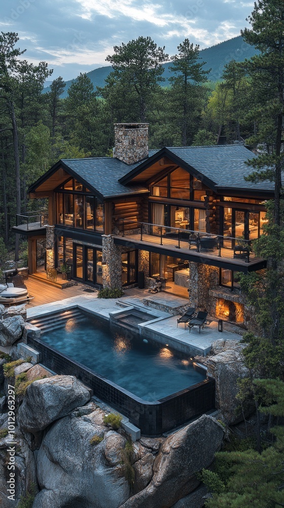 Poster a large house with a pool and a fireplace