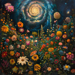 A cosmic garden where flowers bloom in patterns of the galaxies tended by beings made of starlight.