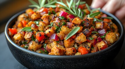 A close-up of hands carefully preparing stuffing for Thanksgiving dinner, with fresh herbs and breadcrumbs in vibrant 3D detail