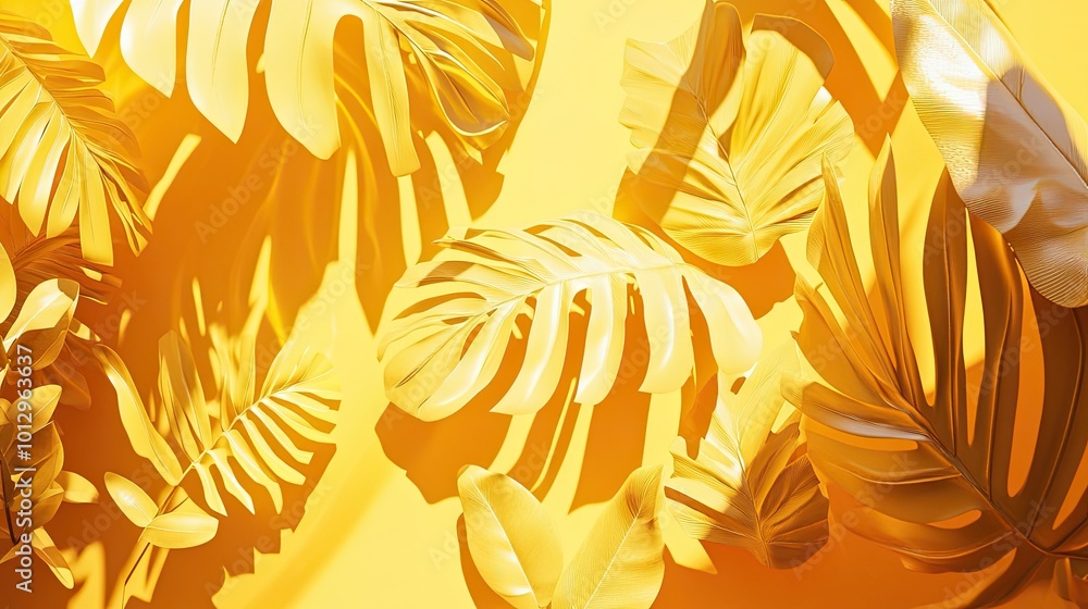 Poster a bright 3d yellow background with a mixture of sharp and soft tropical leaf shadows under sunlight.