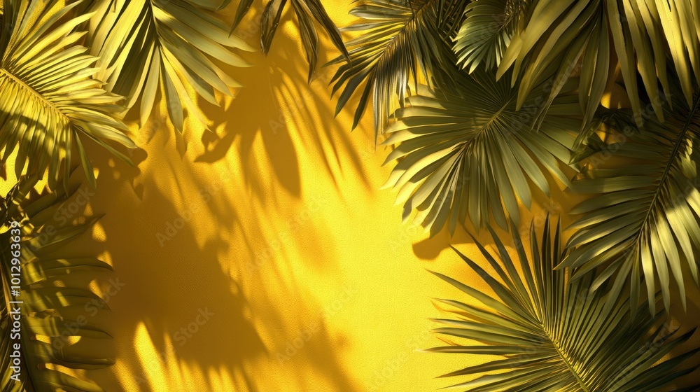 Poster a bright 3d yellow background with a mixture of sharp and soft tropical leaf shadows under sunlight.