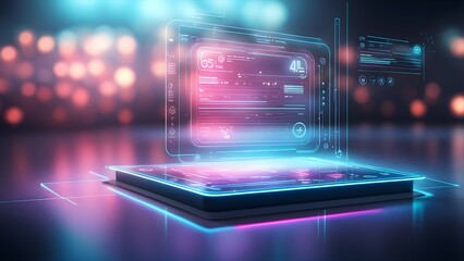 Futuristic digital interface with glowing elements and data displays.