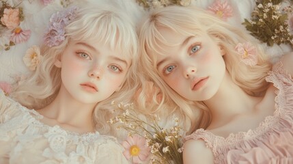 Fototapeta premium Two young girls laying on top of a bed of flowers
