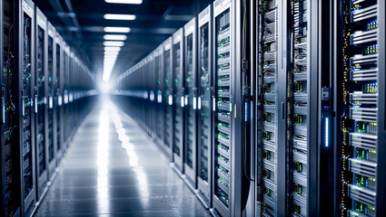 サーバーラックが描かれるデータセンターの高度なインフラと管理システム。生成AI