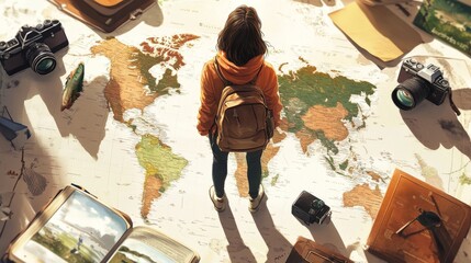 A young person stands on a world map, surrounded by cameras and travel essentials, preparing for an adventure. The warm lighting emphasizes the excitement of travel and the promise of discovering new