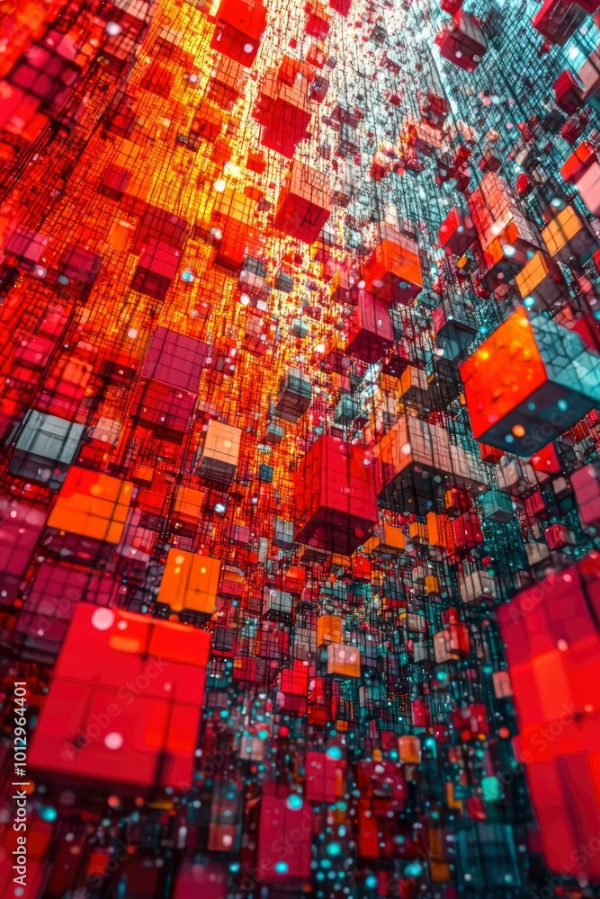 Poster abstract 3d rendering of interlocking red cubes with a glowing background