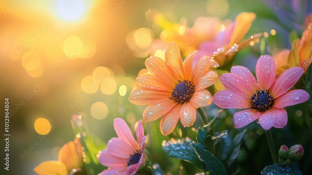 Aufkleber colorful flowers display their beauty with dewdrops sparkling in the morning light, creating a seren