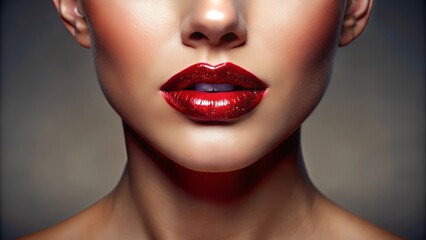 Fototapeta premium A close-up portrait of a woman's face showcasing captivating red lips with a hint of shimmer, capturing the essence of beauty and allure.