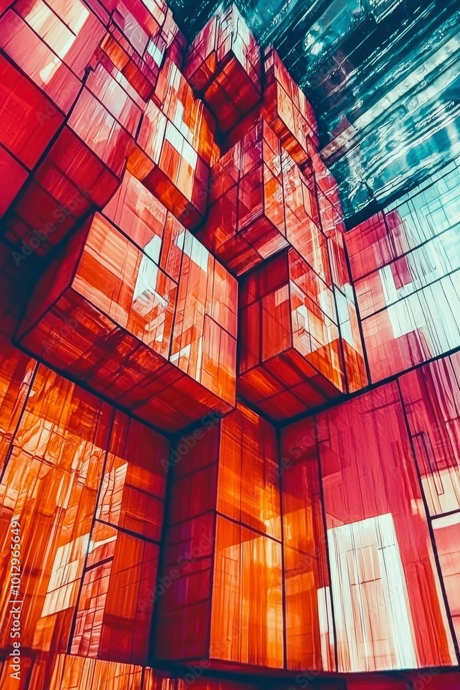 Poster abstract geometric pattern of interlocking red and orange cubes