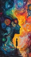 A colorful abstract representation of thoughts and emotions, featuring a silhouette standing before a vibrant cosmic backdrop.