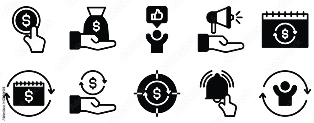 Aufkleber subscription business model icon set dynamic solid style collection for recurring revenue