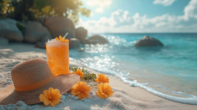 Relaxing beach day setup, featuring sun hats, towels, and refreshing drinks, showcasing carefree summer vibes with friends or family