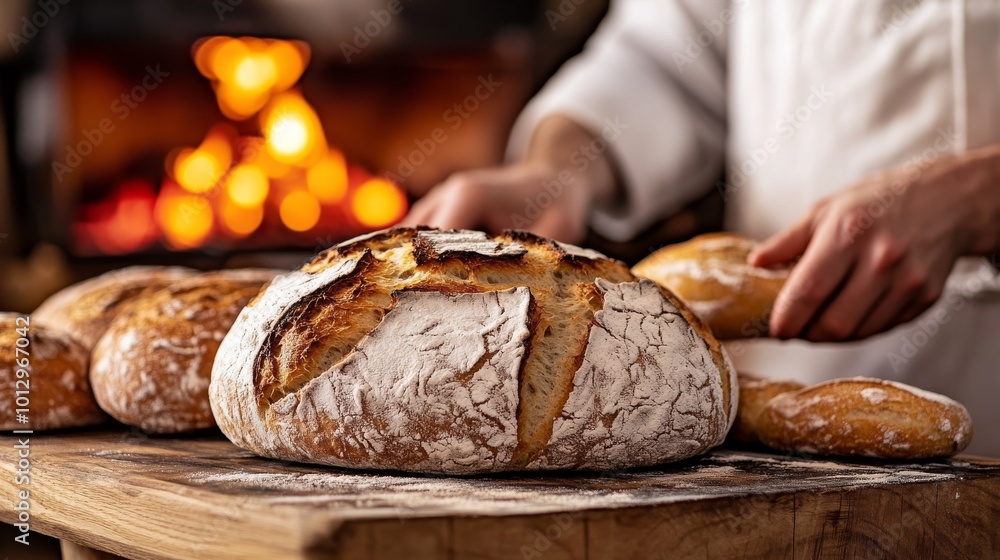 Poster a close-up view of freshly baked artisan bread with a golden crust, placed on a wooden table. the br