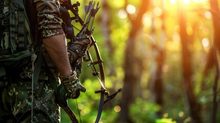 Hunter Holding a Bow and Arrow in a Forest