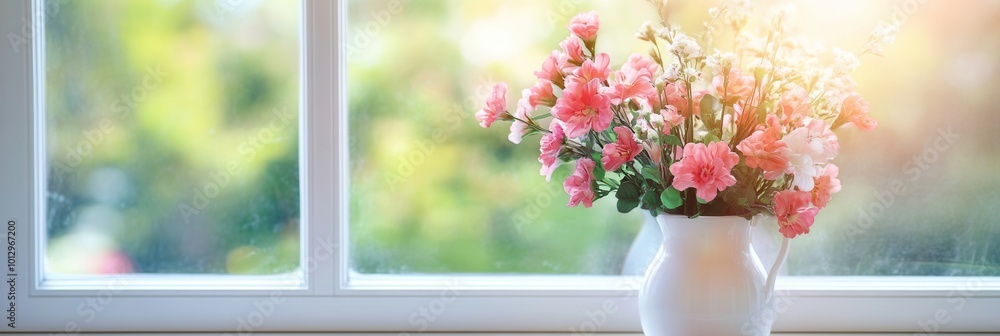 Poster sunlight pours through a window, highlighting a vase filled with pink flowers, creating a warm and i