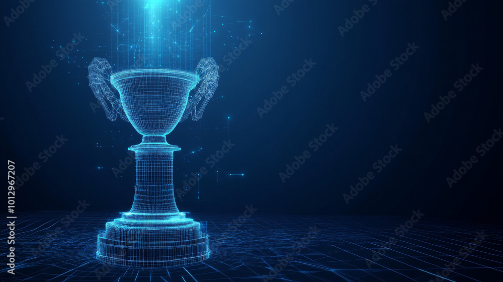 Poster an abstract futuristic wireframe mesh trophy stands on a pillar, set against a digital technology ba