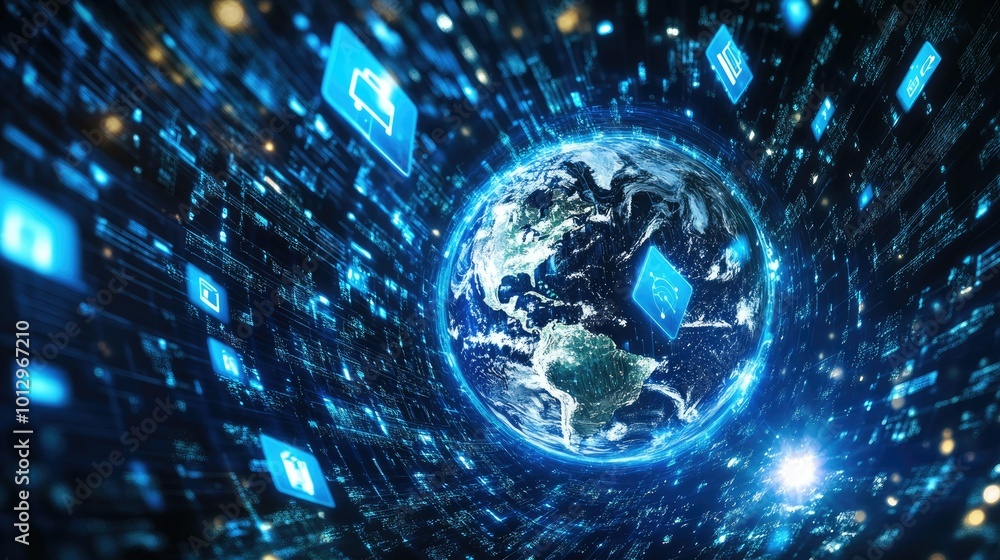 Poster 3d rendering of a digital globe with firewall icons floating nearby. room for text.