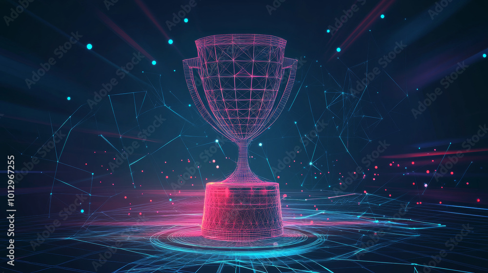 Poster an abstract futuristic wireframe mesh trophy stands on a pillar, set against a digital technology ba