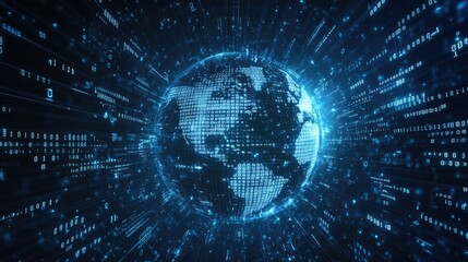 Obraz premium 3D rendering of a digital shield protecting the globe with binary code in the background. Plenty of copy space.