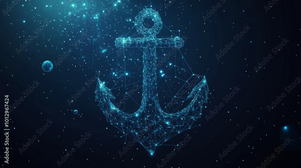 Poster an abstract image of an anchor designed in a wireframe style, representing a starry sky or cosmic th