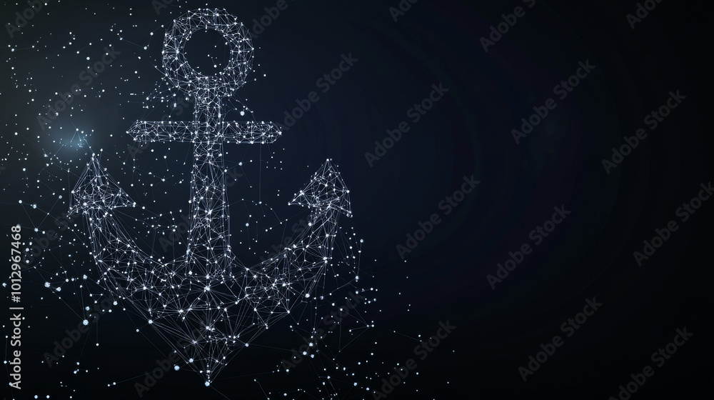 Poster an abstract image of an anchor designed in a wireframe style, representing a starry sky or cosmic th