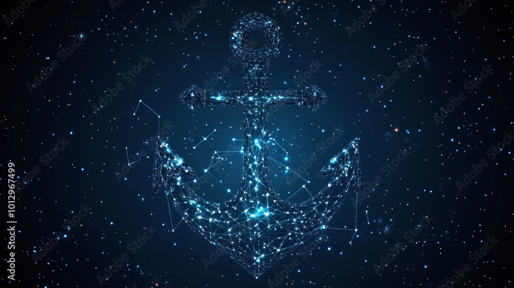 Poster an abstract image of an anchor designed in a wireframe style, representing a starry sky or cosmic th