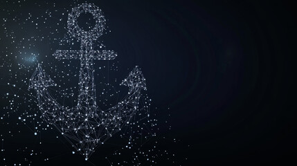 Obraz premium An abstract image of an anchor designed in a wireframe style, representing a starry sky or cosmic theme. The anchor is composed of interconnected points, lines, and geometric shapes, giving it a moder