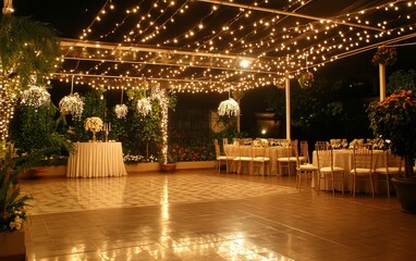 A beautifully decorated event space with twinkling lights, floral arrangements, and elegant seating for a celebration.