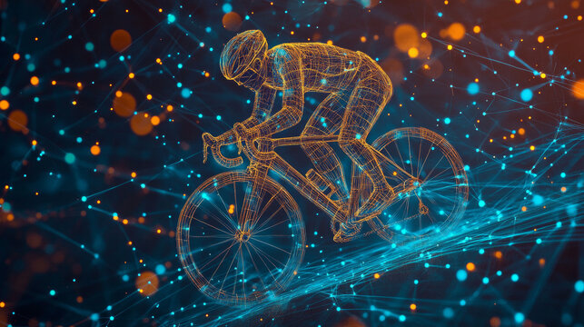 An abstract image of a cyclist depicted as a constellation, formed entirely from interconnected lines and dots. The cyclist's posture is dynamic, capturing the essence of motion as if they are racing 