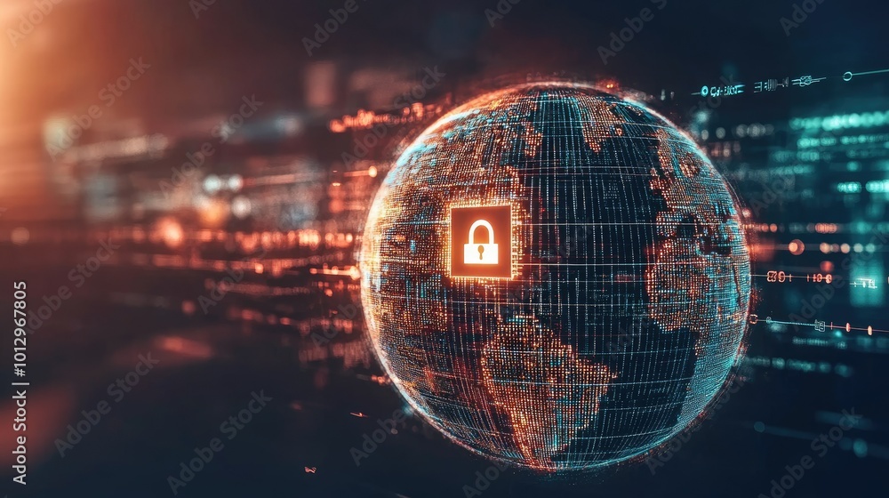 Poster a 3d globe with a digital firewall protecting it, representing global cybersecurity. room for text.